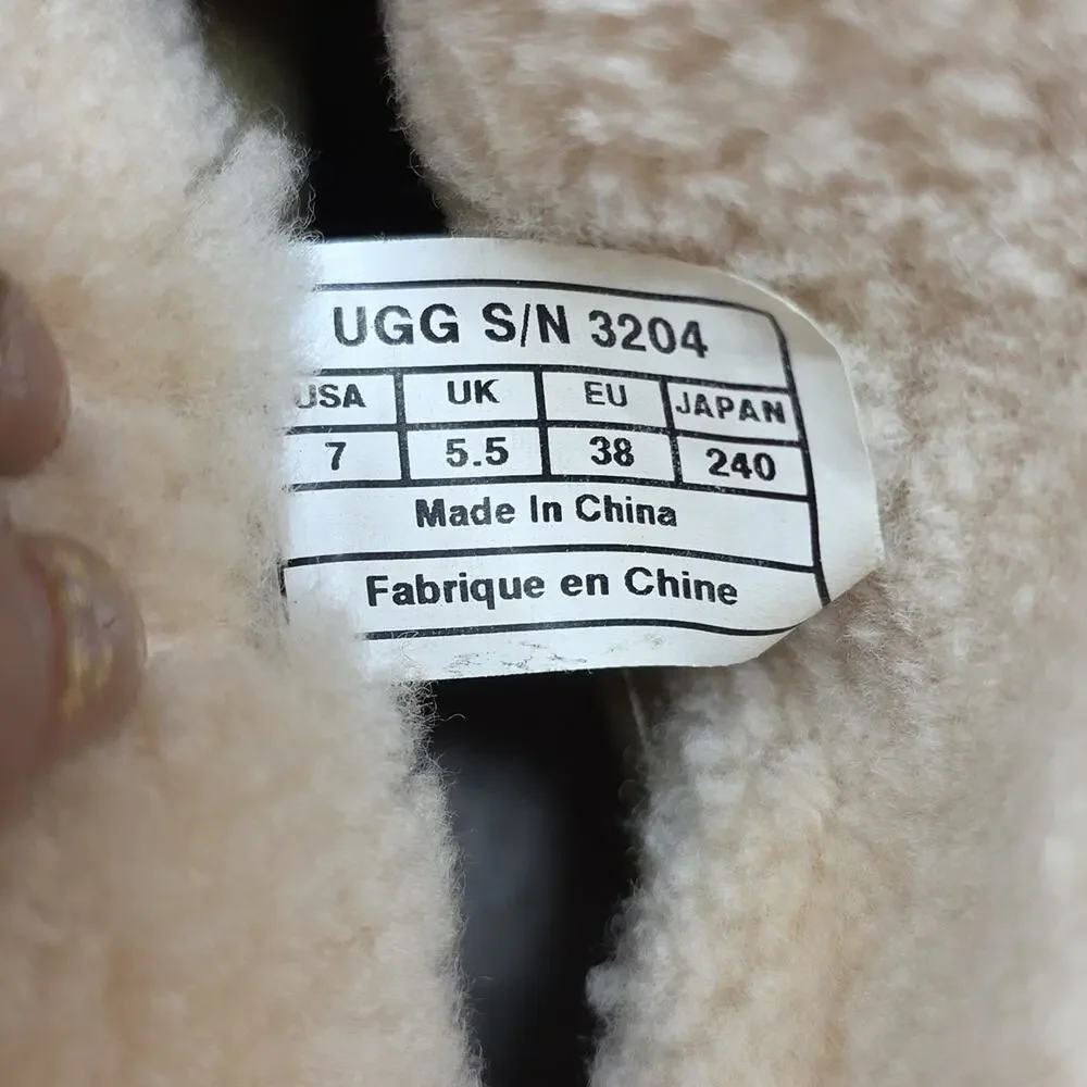 UGG Lynnea Fold Over Brown Leather Shearling Cuff Clog Boot 3204 Size 7